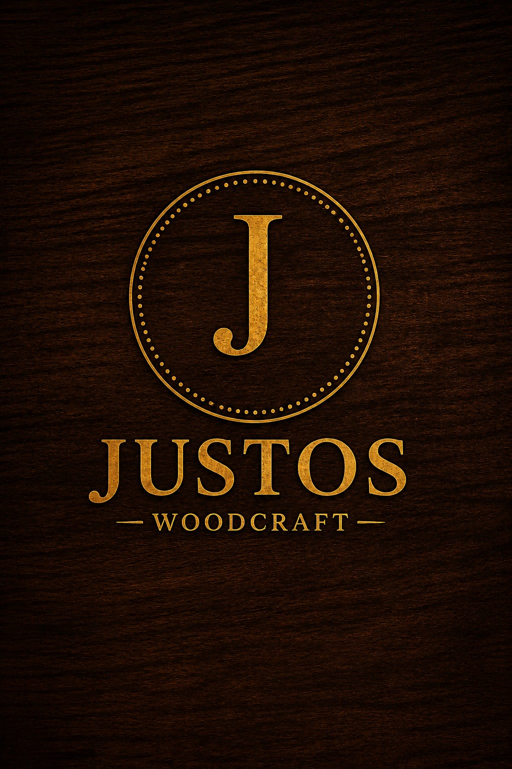 Logotipo oficial da JUSTOS Woodcraft sobre textura escura de madeira