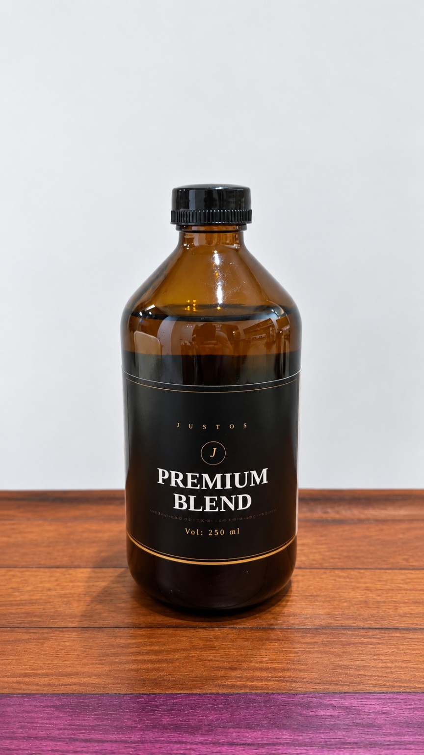 Frasco real de 250 ml do Premium Blend JUSTOS